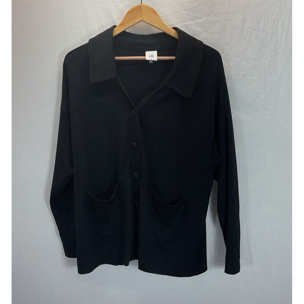 Cabi Jersey Feel Black Button Cardigan Pockets‎ Fall Chore Casual Sz L Rayon